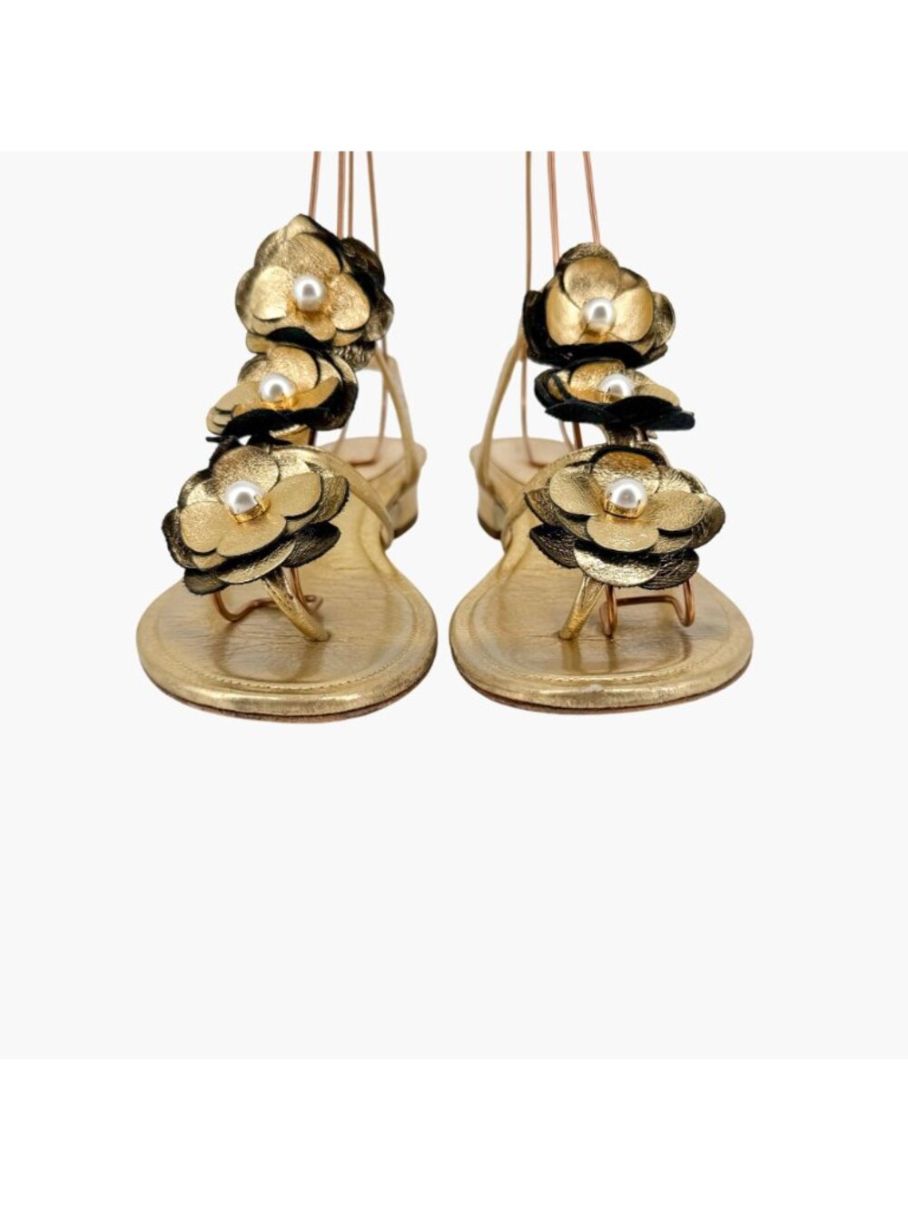 Chanel Camellia Pearl T-Strap Sandals Gold Leather Size 37C US 6–6.5 Women Flat - Picture 4 of 15